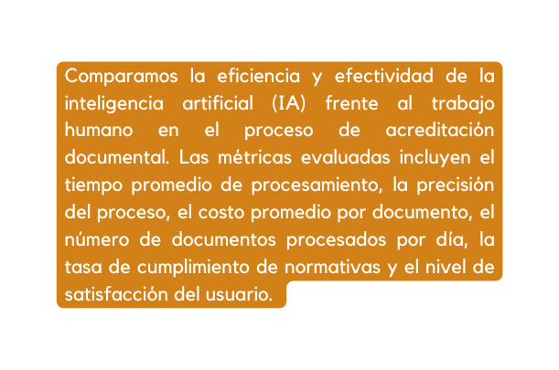 Comparamos la eficiencia y efectividad de la inteligencia artificial IA frente al trabajo humano en el proceso de acreditación documental Las métricas evaluadas incluyen el tiempo promedio de procesamiento la precisión del proceso el costo promedio por documento el número de documentos procesados por día la tasa de cumplimiento de normativas y el nivel de satisfacción del usuario